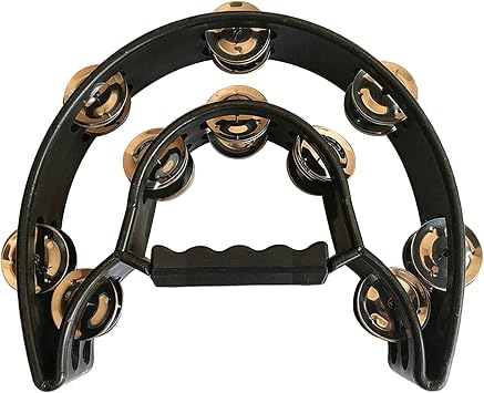 Double Half Moon Tambourine, Metal Jingles Hand Held Instruments Percussion with Ergonomic Handle Grip, Jingle Bells for Drum & Guitar Playing