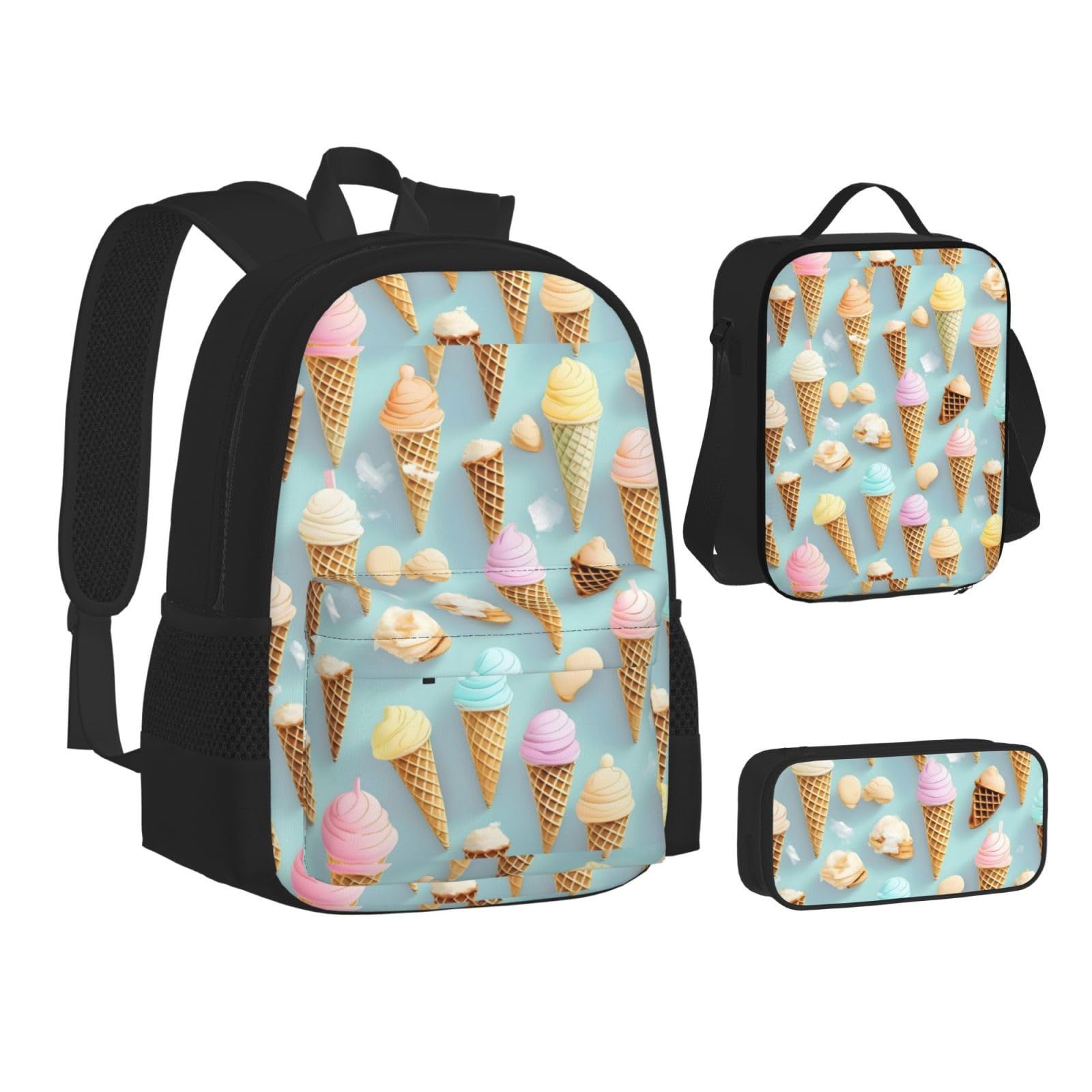 YHBLYKXP ice cream and Waffle Pattern print 3-Piece Casual Backpack Set (Backpack + Waist Bag + Small Pouch), Unisex Daypack