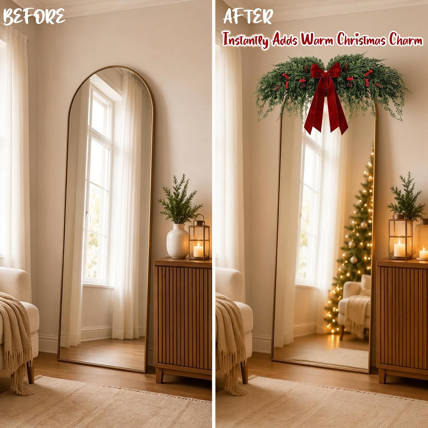 2.3ft Christmas Mirror Garland Artificial Norfolk Pine Swag Decor