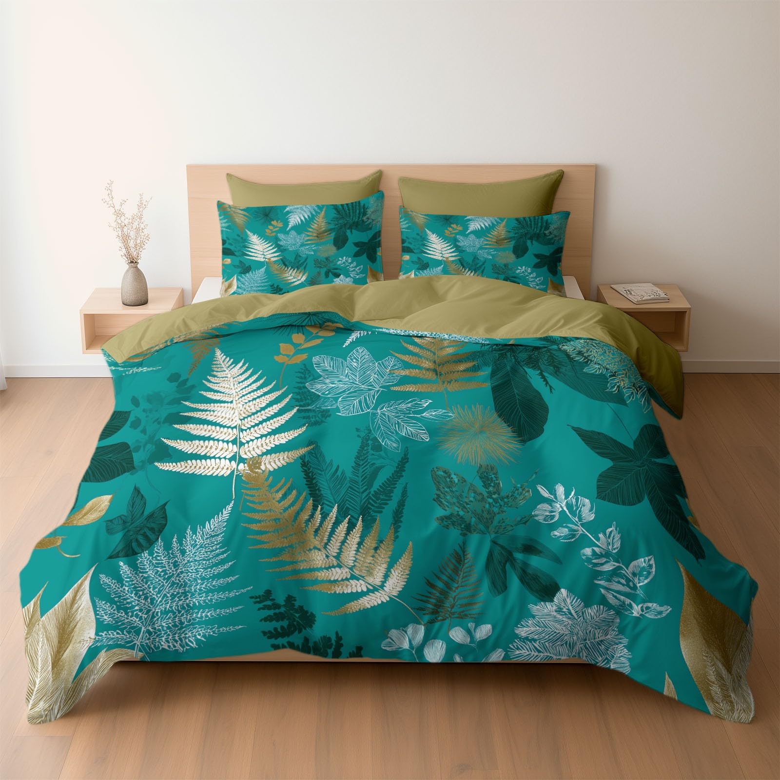 Housse de couette réversible 140x200 verte et moutarde pour une ambiance jungle tropicale