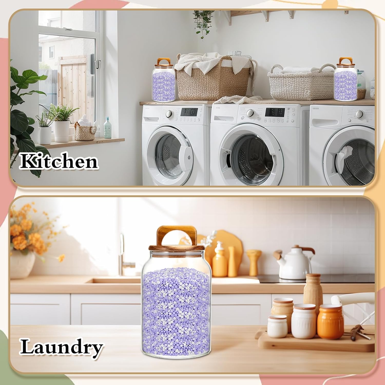 4 Pcs 64oz Glass Laundry Storage Containers with Handle Wooden Lid and Scoop Set-2 Pcs Laundry Room Organization Jars and 2 Multipurpose Wooden Spoon, Glass Beads Canisters Set