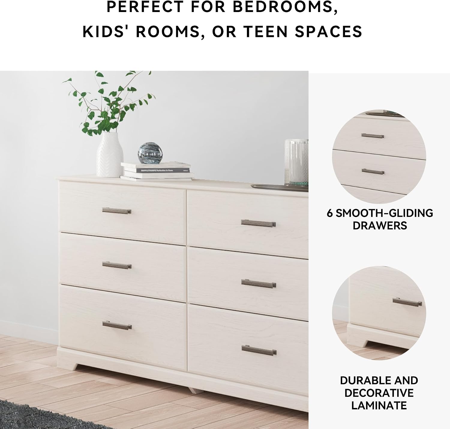 Signature Design by Ashley Stelsie 6 Drawer Bedroom Dresser, White, 60 Inch | Durable engineered wood with replicated grain, 6 deep smooth-gliding drawers, Ample clothing organization