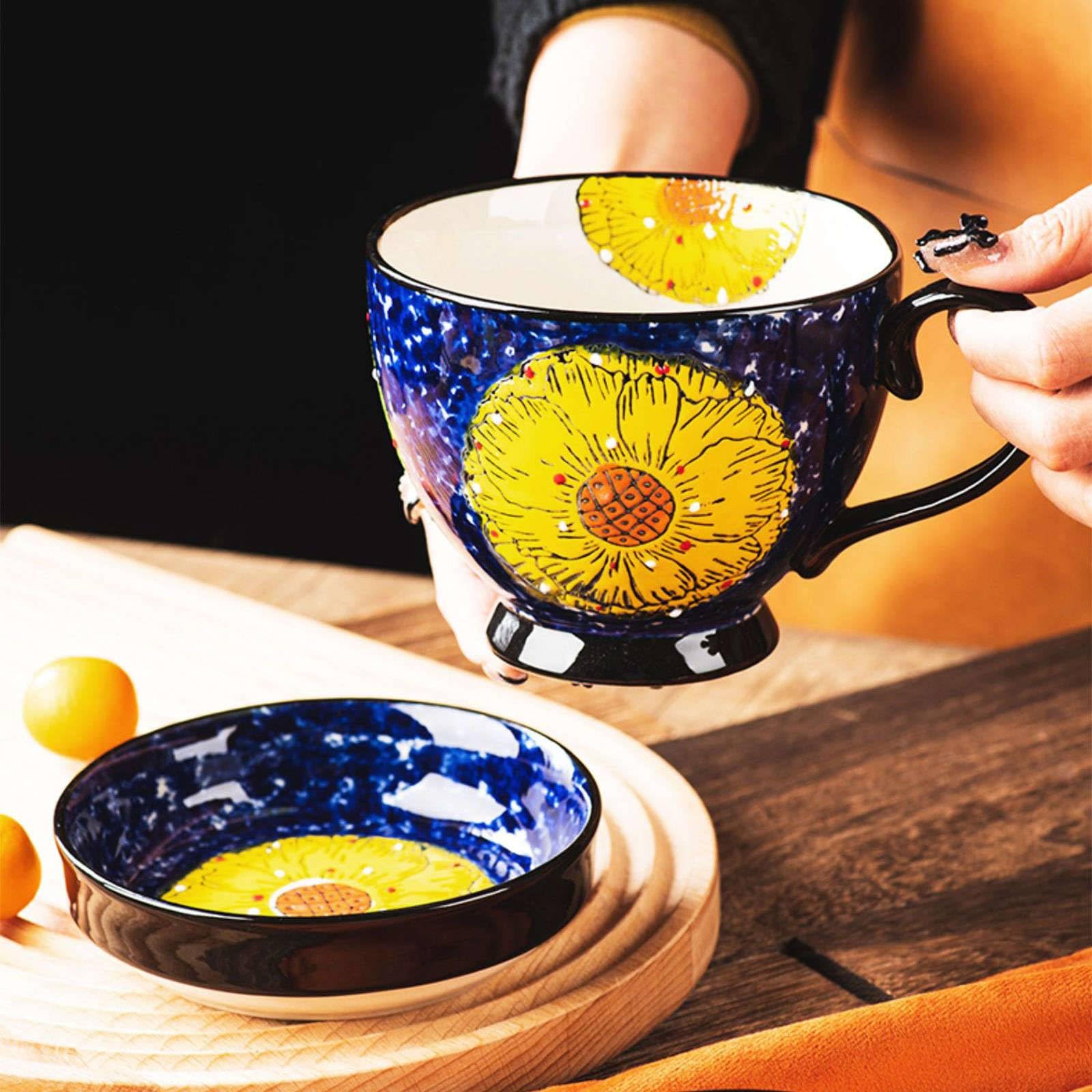 TYMYYS Bol Avec Anse Soupe 500ml Céramique - Vaisselle Micro-ondes Lave-vaisselle Fleurs Colorées 12x12x9.5cm