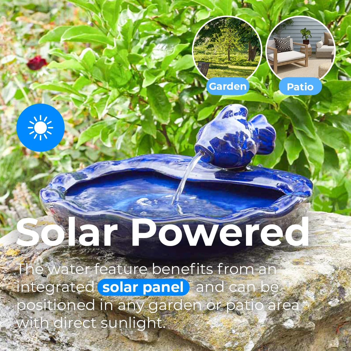 Festive Lights - 37 cm Solar-Keramik-Fischwasserspiel mit glasierter blauer Oberfläche – Gartenbrunnen für den Außenbereich, IP44 bewertet, wetterbeständig – in sich geschlossen, einfache Einrichtung,