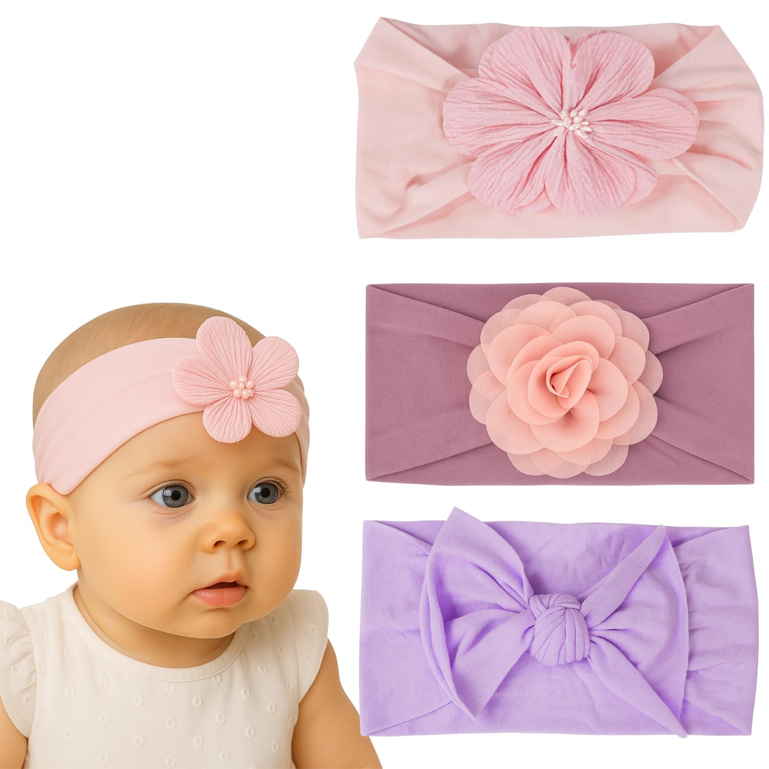 annacreations ANNA CREATIONS 3 Pcs Baby Headbands Flower and Bow Knot Hair Bands Soft Stretchy Headwraps for Newborn Infant Toddler Girls, Comfortable Hair Accessories for Babies-picture-15
