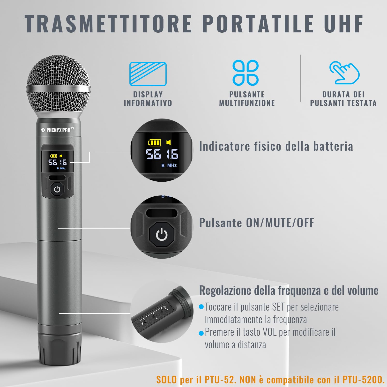 Phenyx Pro Sistema Microfono Wireless UHF Dual PTU-52-1H1B | 1 microfono palmare, 1 bodypack, headset/lavalier, 2 x 30 frequenze, portata 200 ft, canto e karaoke