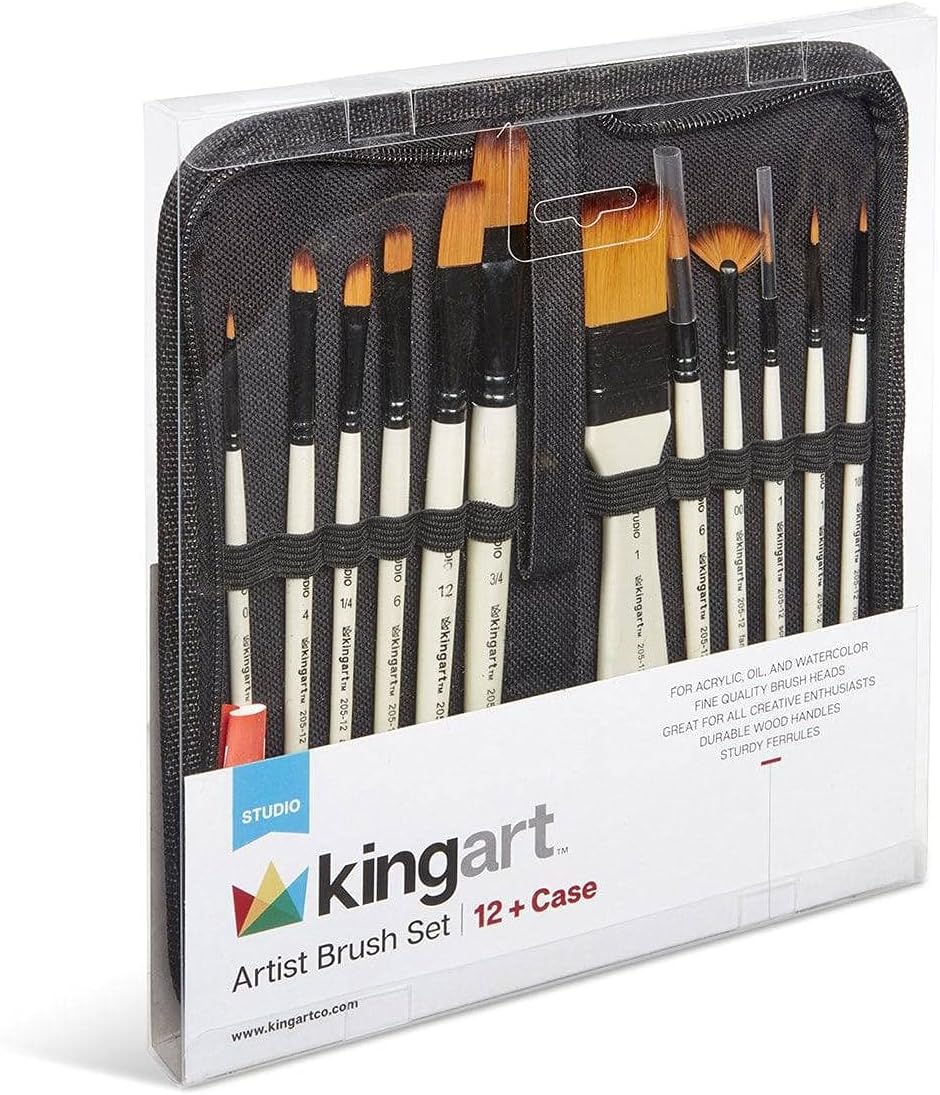 KINGART 12-Piece Professional Acrylic Painting Brush Set – Synthetic Nylon Brushes for Acrylic, Oil, Watercolor, Gouache – Canvas Case - Nail Miniature Detailing & Rock Painting