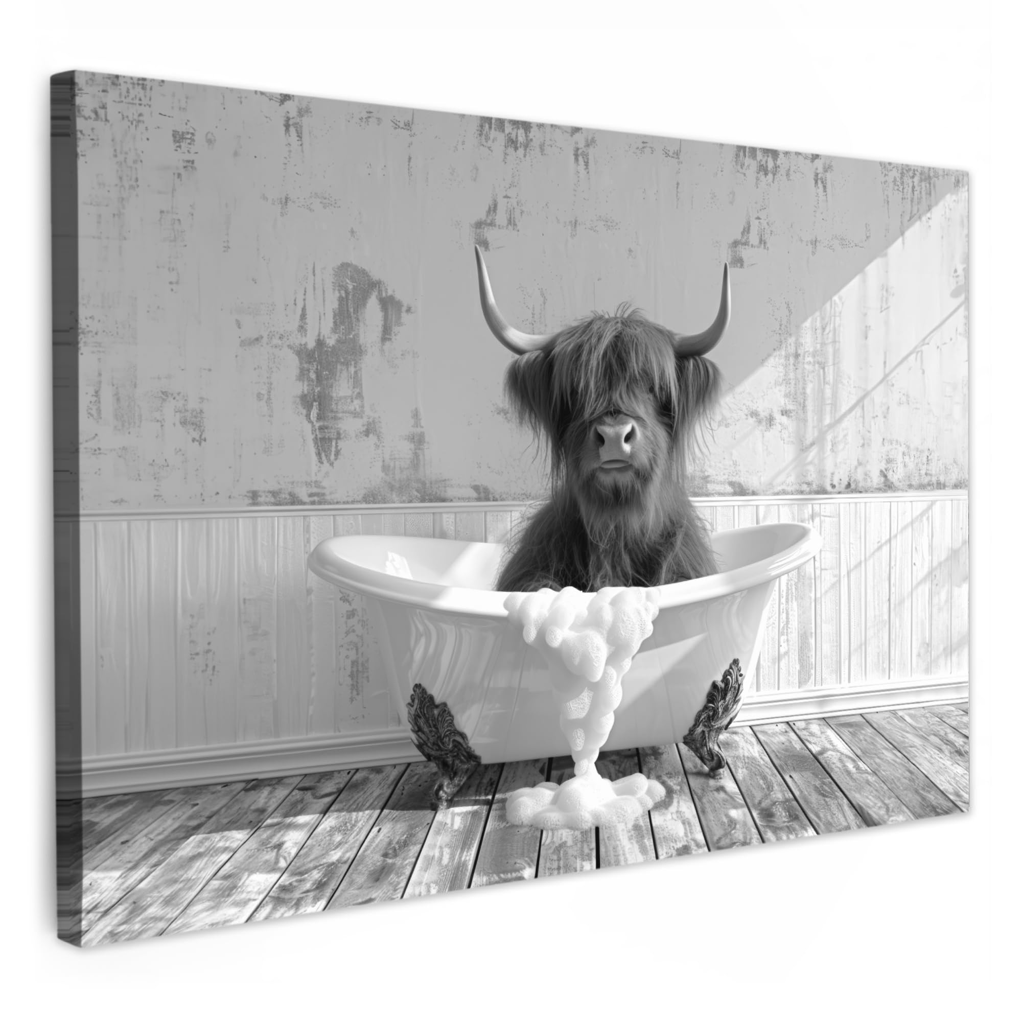 MuchoWow© Canvas Wall Art Work 30x20 cm Room Decor Painting Wallfillers Picture Decoration Prints Scottish Highlander - Cow - Vintage - Bathtub - Black and white