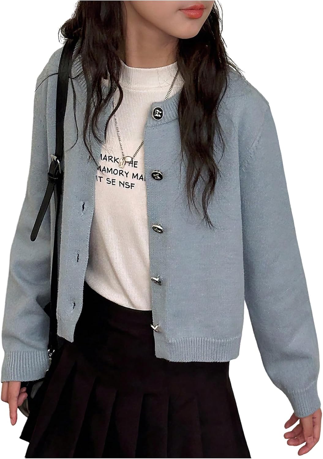 SHENHE Girl's Cardigan Sweater Button Down Lightweight Crewneck Solid Cropped Cardigan