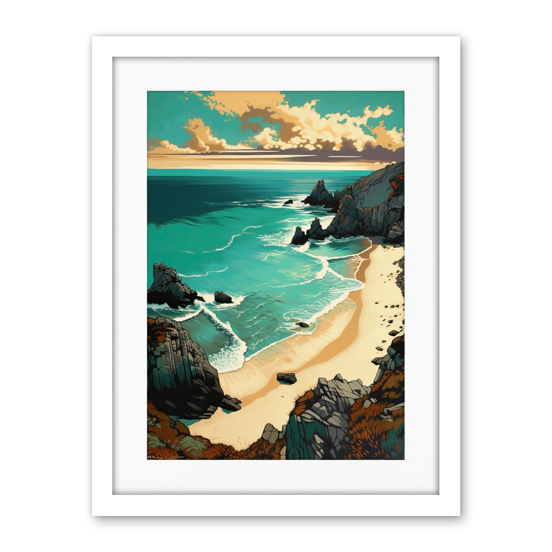 Artery8 Porthcurno Sandy Beach Cliffs Coastal Landscape Artwork Framed Wall Art Print 18X24 Inch
