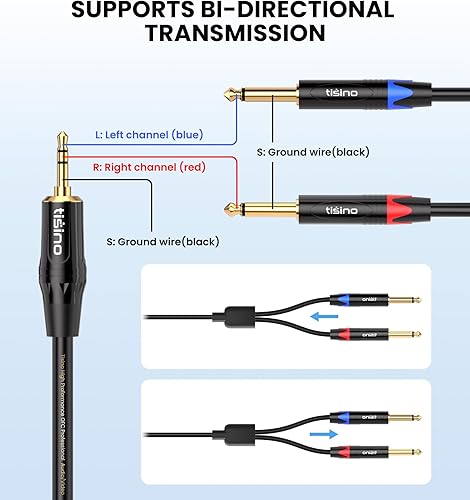Miniatura 7 de TISINO - Cable TRS estéreo de 18" a dual TS mono con divisor en Y de 14", cable estéreo con miniconector auxiliar de 3.5 mm a conector de 6.35 mm, 1