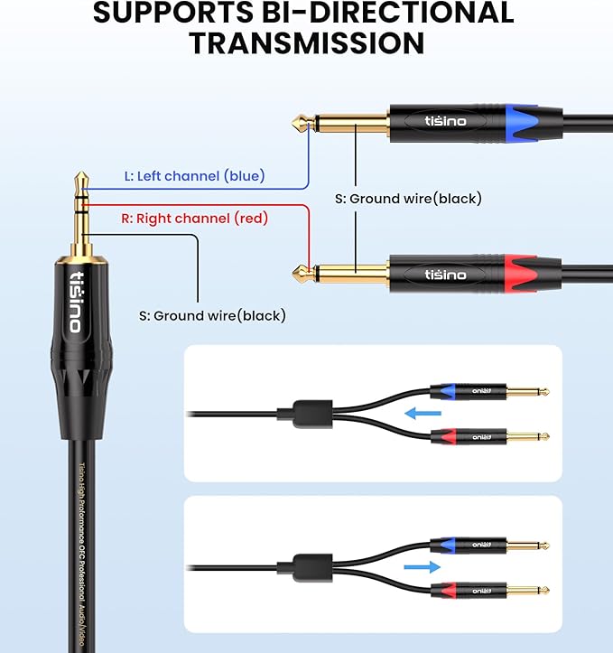 Cable Tisino 3.5mm a 6.35mm Y-Splitter, 1 metro, Negro miniatura 7