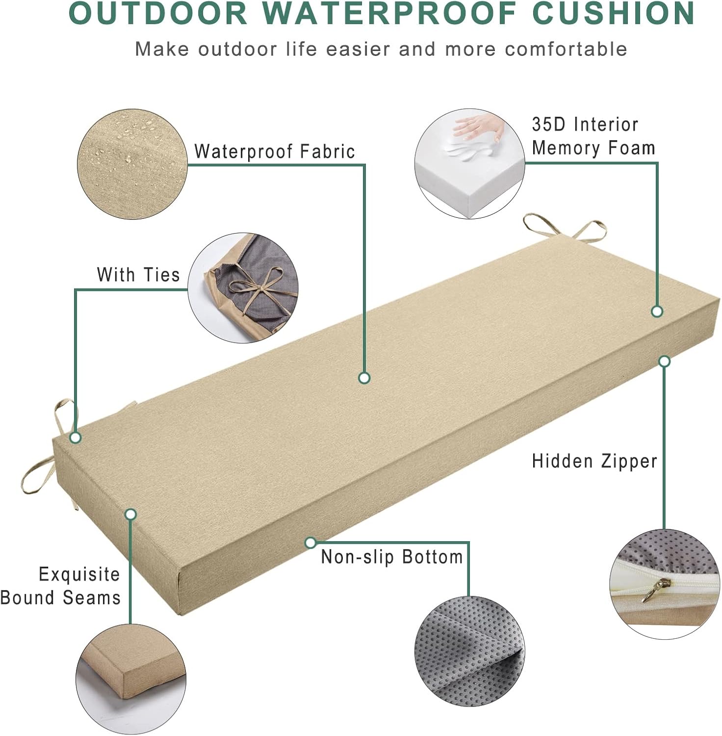 屋外ベンチクッション 防水パティオ家具クッション 厚手の布張りフォーム付き カスタムサイズ ウィンドウシートクッション ソファパッド