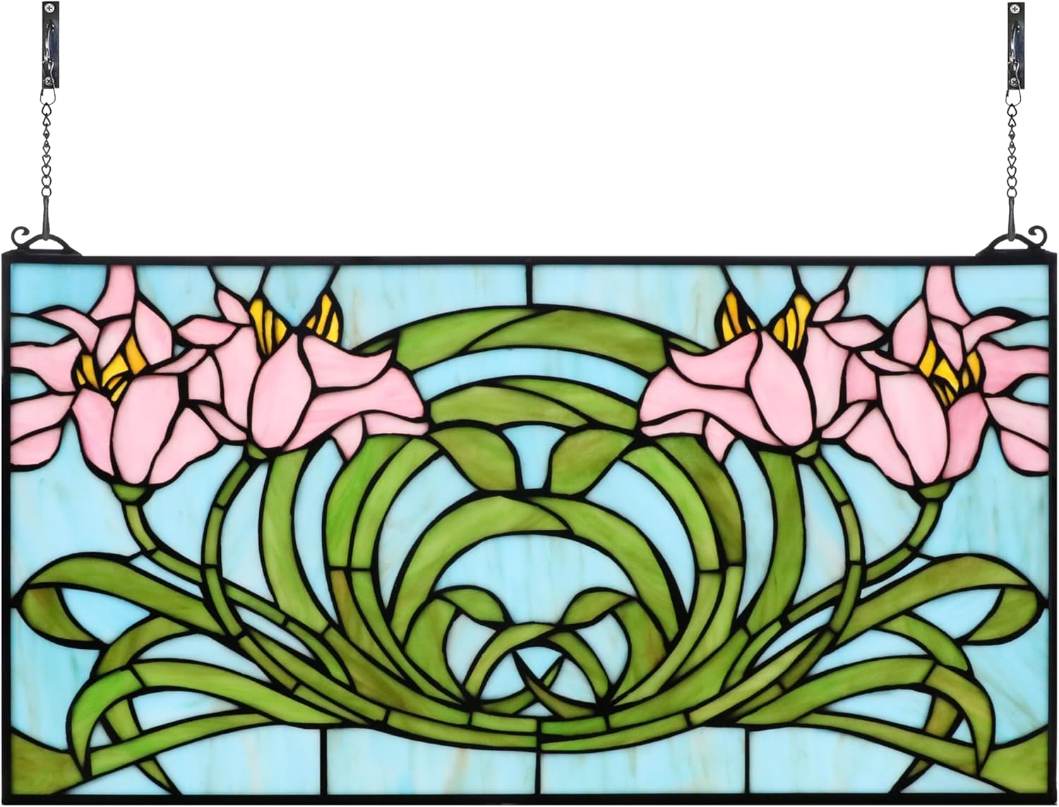 Yogoart Rectangle Horizontal 23 Inch Orchid Stained Glass Window Panels Hanging Transom Window 12 Inch Wide Panels with Hanging Chain