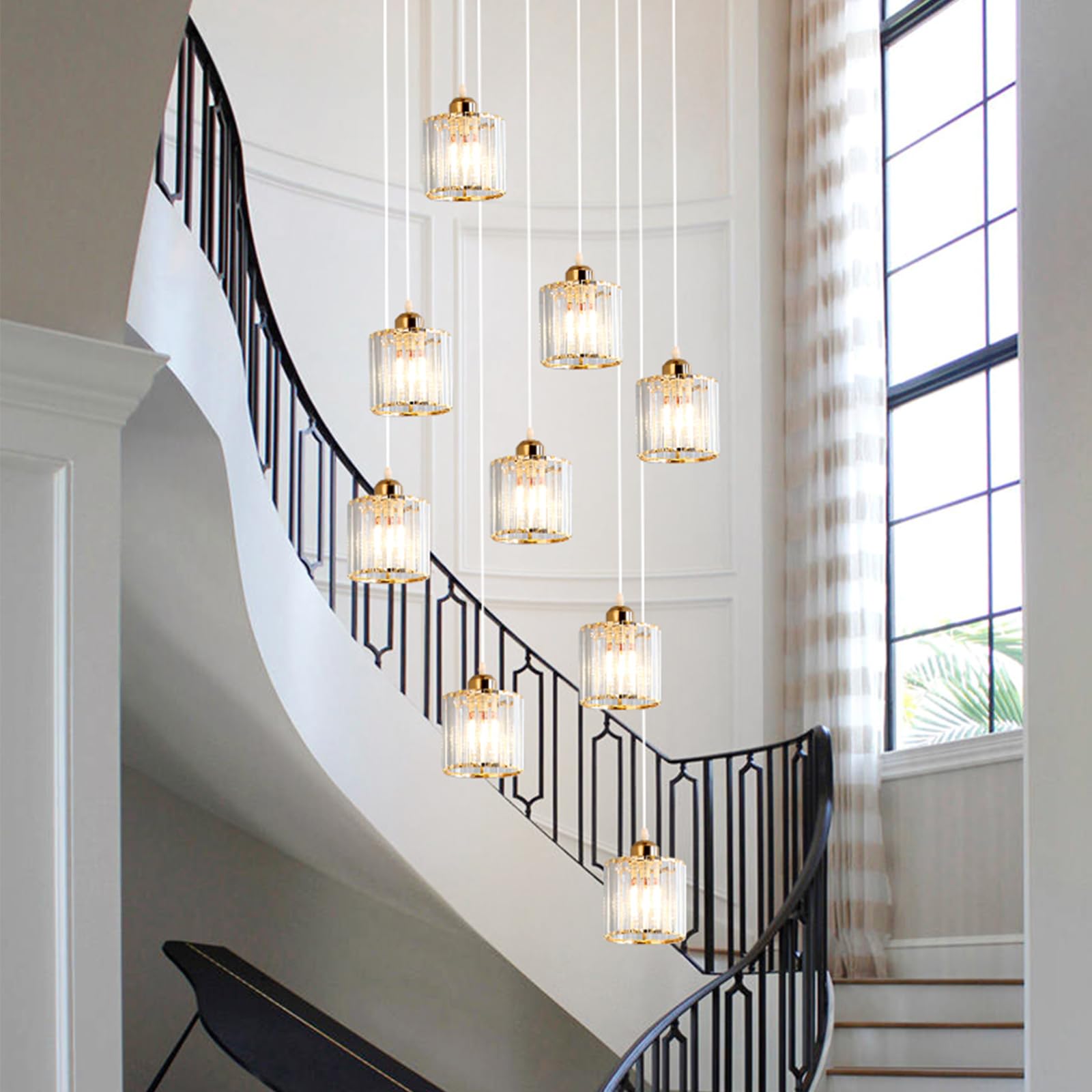 SXECAEPS 6 Glass Ball LED Chandelier, Staircase Pendant Light, Crystal Lamp,Adjustable Length Chandeliers, Long Chandelier in The Villa, Stairwells and Living Room,Tricolor Light,9 Heads