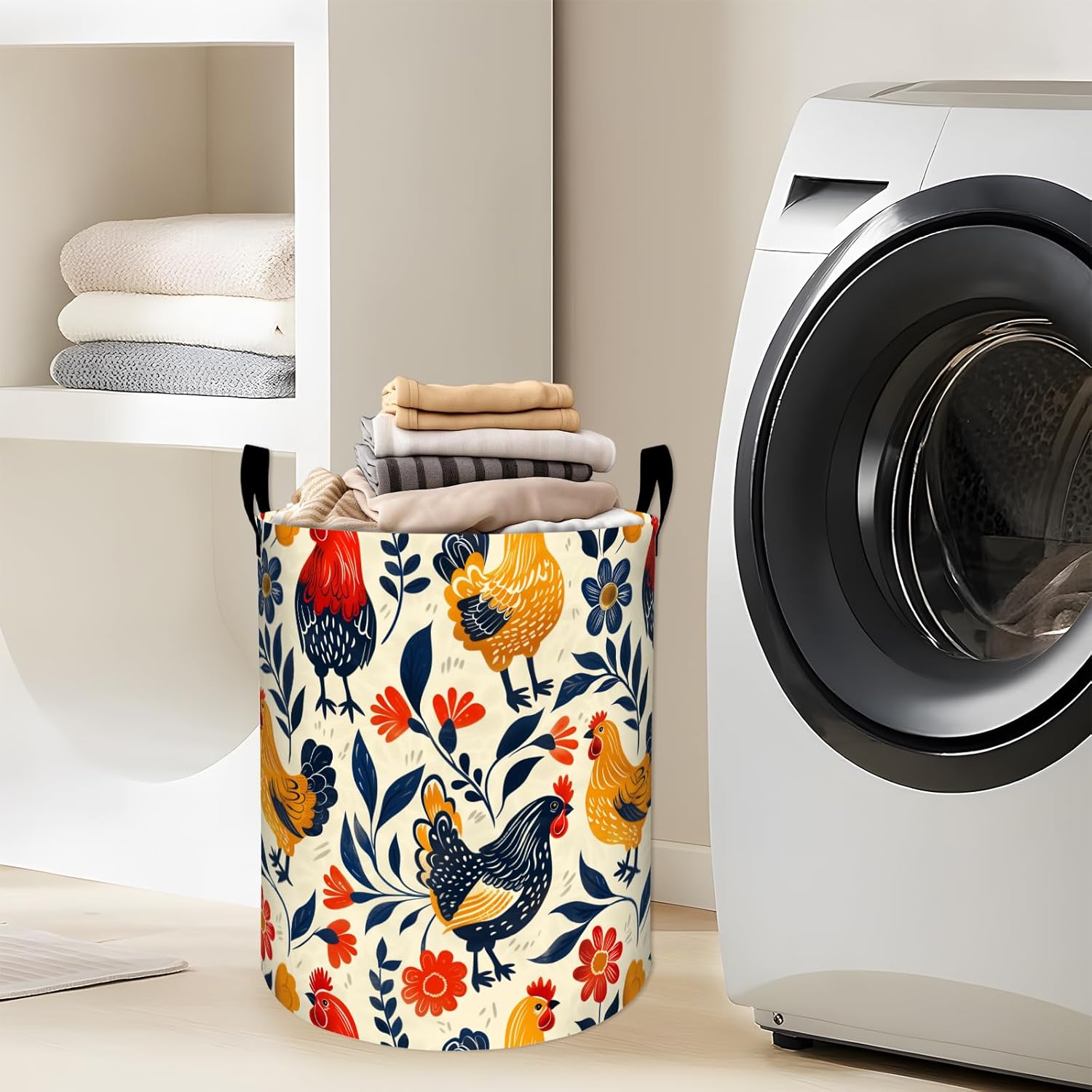 Colorful Roosters Hens Red Flowers Laundry Basket with Handles, 19.7"x15.7" Clothes Foldable Laundry Hamper Organizer for Dorm Nursery Bedroom Bathroom Decor, Toy Storage Bin for Kids