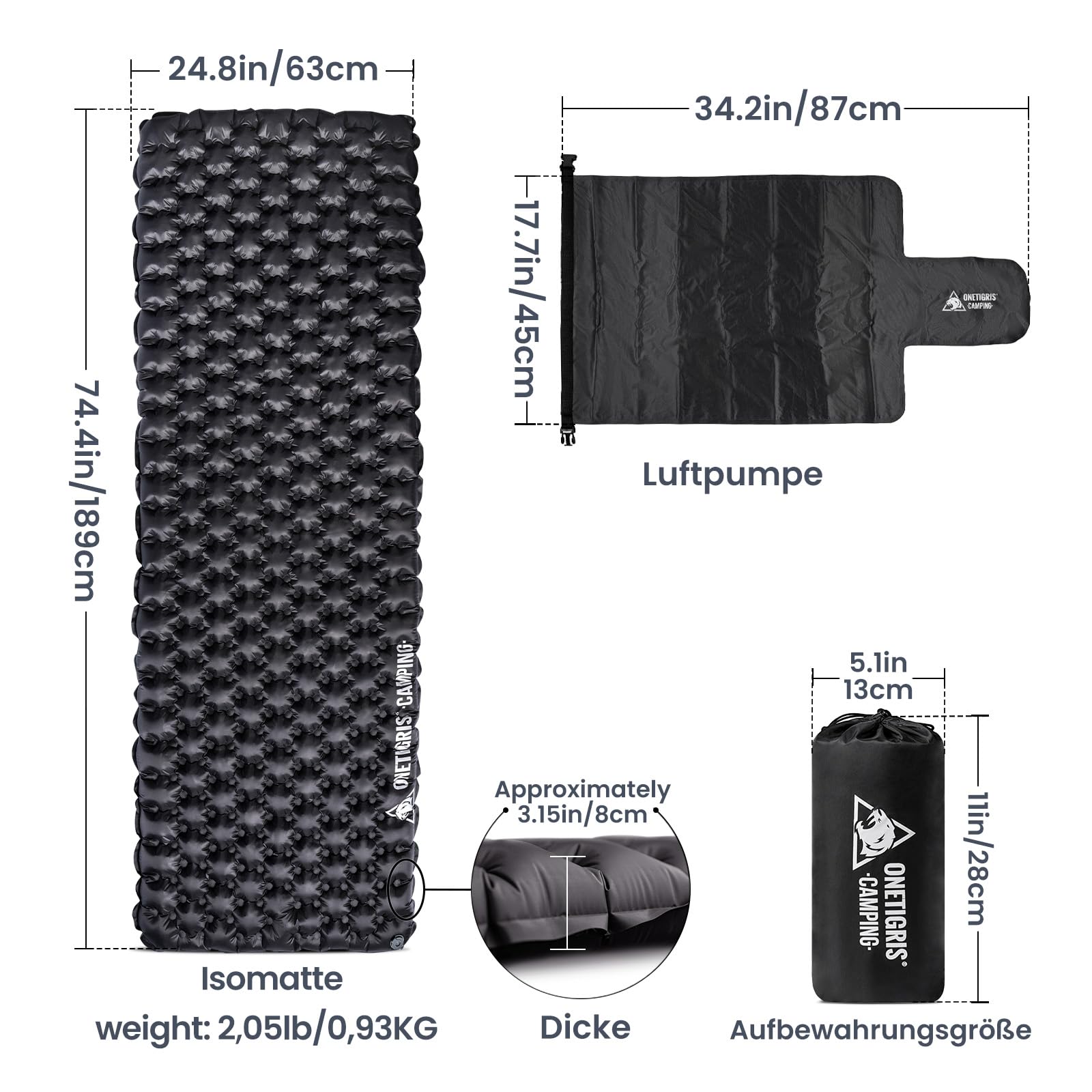 OneTigris Obsidian Isomatte Ultraleicht 8 cm mit Pumpensack, R-Wert 5,2 | 8 cm dicke Luftmatratze, Isomatte Outdoor ultraleicht faltbar, aufblasbar, für Camping, Wandern, Auto, 1 Person, 189cm×63 cm