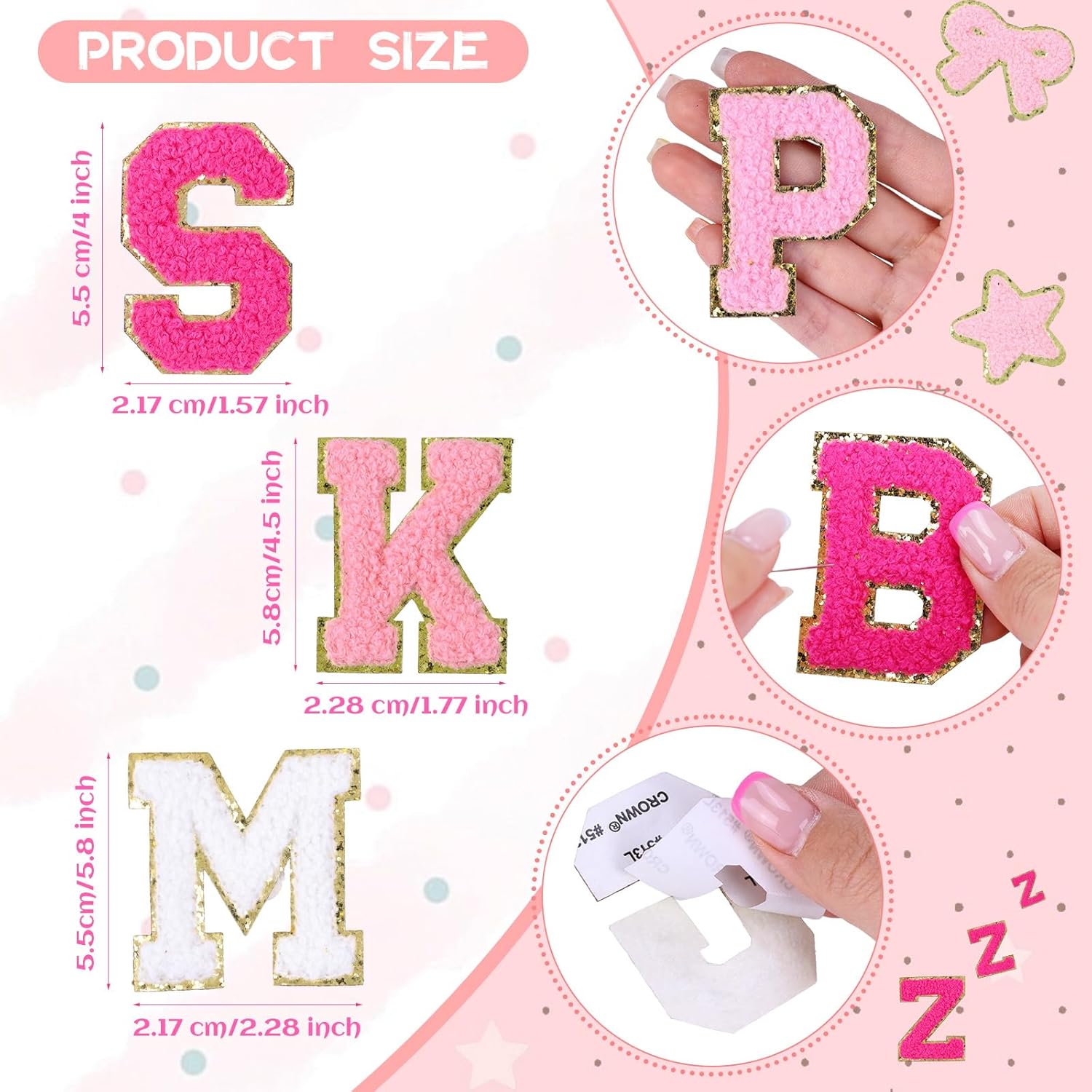 88 Pcs Self-Adhesive Chenille Letter Patches, A-Z Chenille Patches Iron on Letters, Self Adhesive Letters Stick on Patches for Clothing, Makeup Hats, Bags, Backpacks, laptops (Pink)
