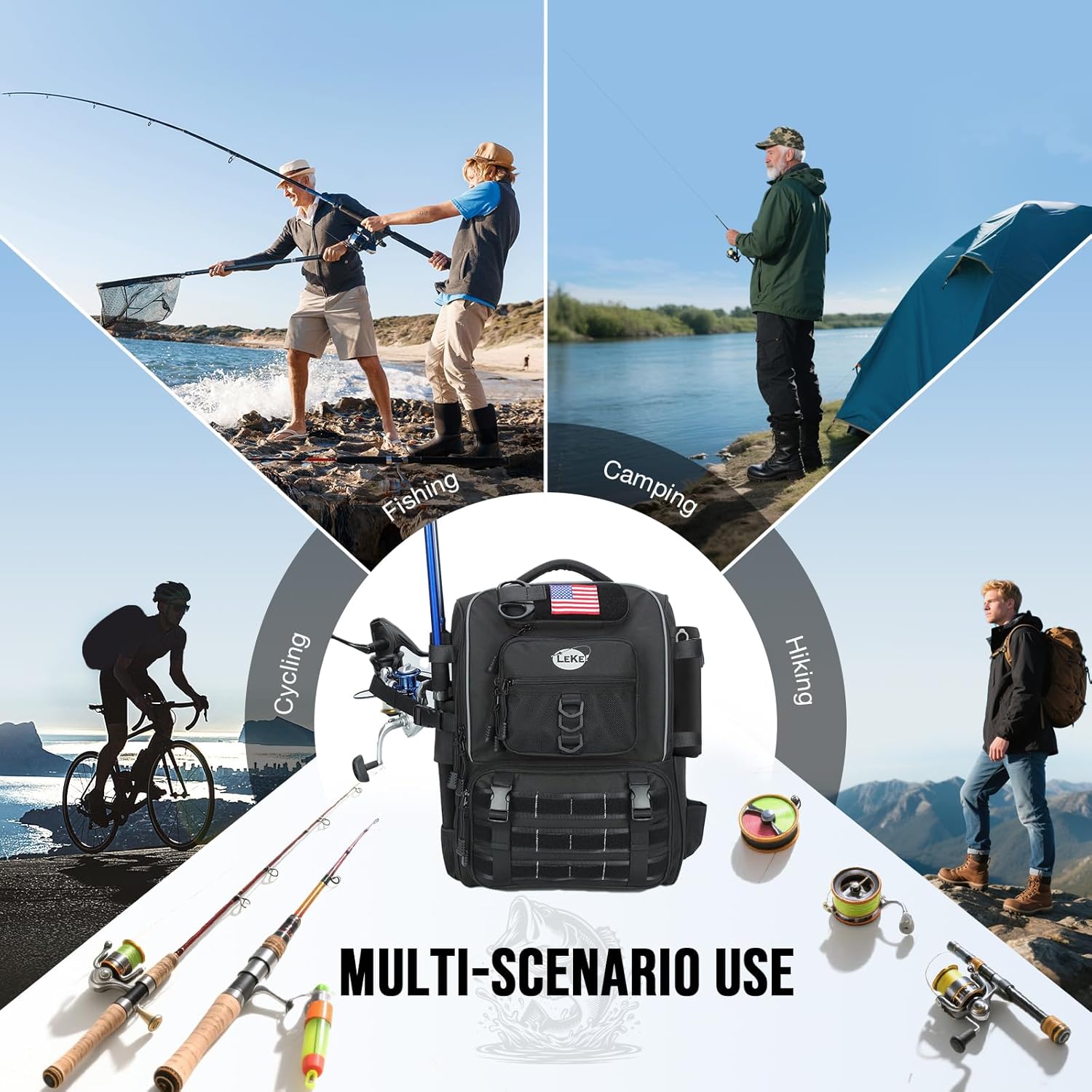 Lekesky Fishing Backpack with 4 Tackle Boxes, 40L Tackle Bag with Rod Holders, Tactical Storage Gear for Men, Black