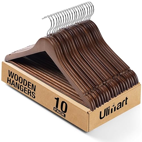 Wooden Hangers 10 Pack: Solid Shirt Hangers with Pants Bar,