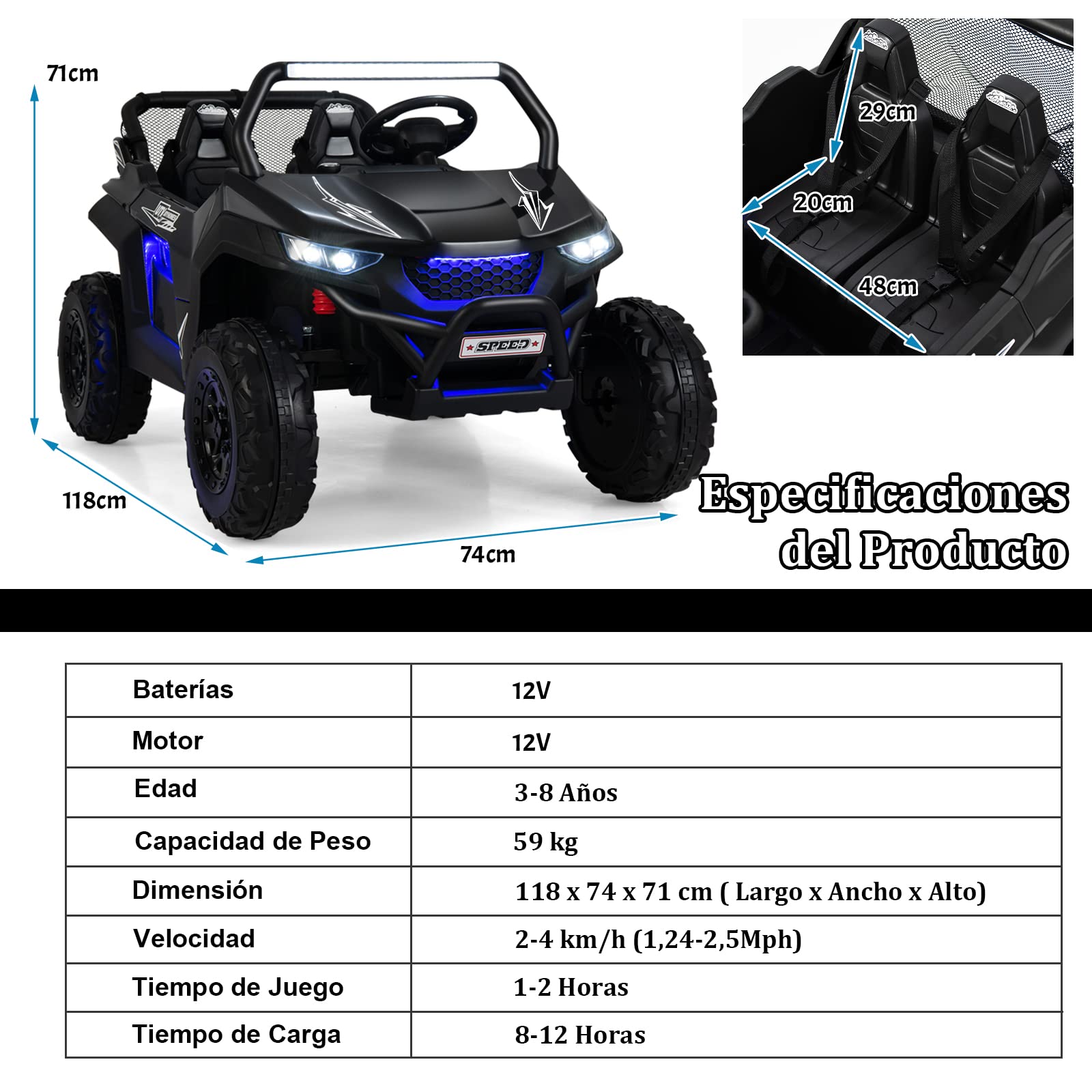 COSTWAY Coche Eléctrico para Niños con 2 Plazas UTV, 12 V Vehículo Todoterreno Eléctrico con Control Remoto 2.4G, Función de Arranque Lento, Faros y Luce, Música, para Niños de 3 a 8 Años