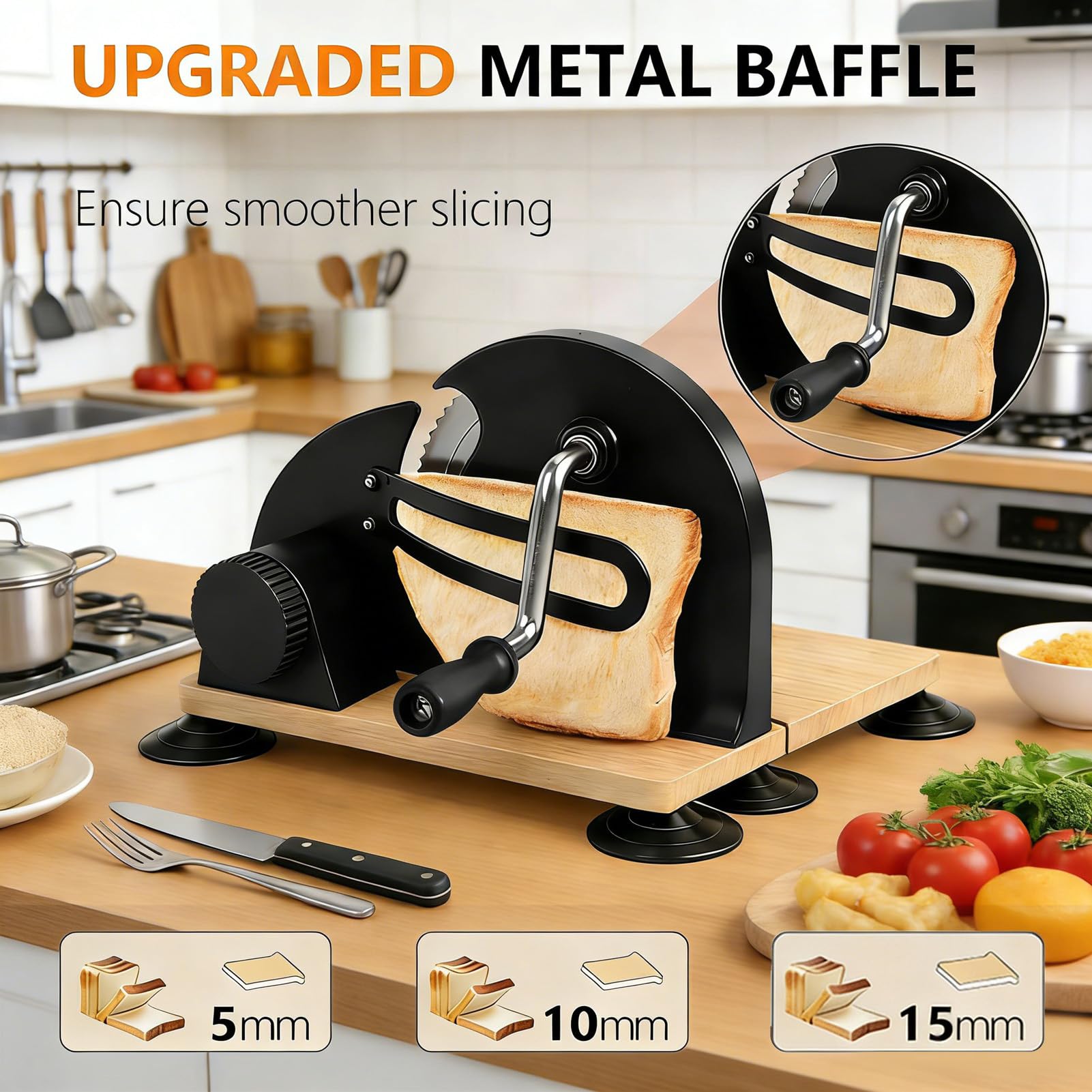 Cryfokt Cortador de Pan Manual, Cortador de Espesor Ajustable de Acero Inoxidable con Hoja Dentada para Tostadas de Sándwich de Masa Fermentada Casera, Herramienta de Cocina Compacta con (BLACK)
