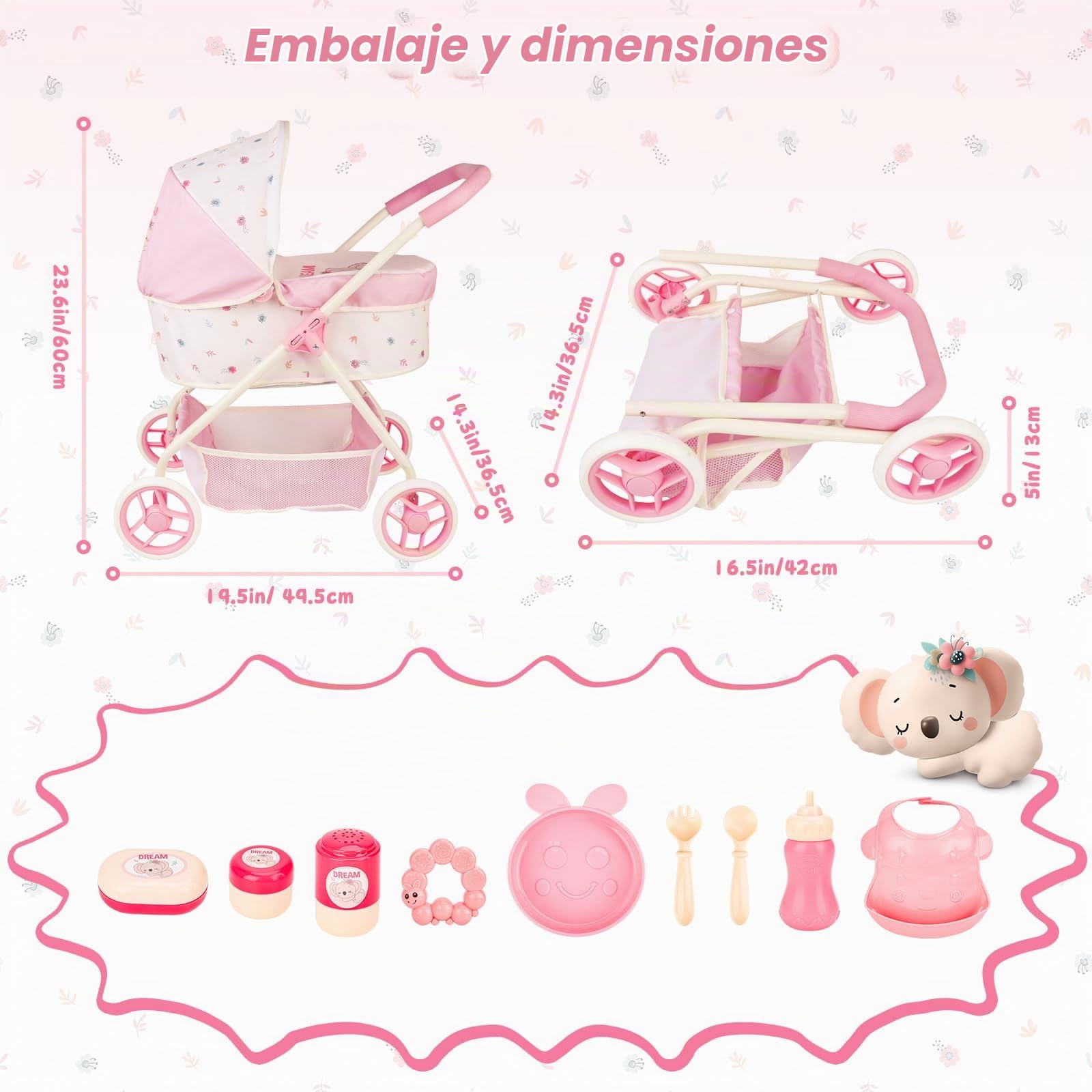 deAO Carrito de Muñecas 2 en 1 con Capazo Extraíble y Capota Ajustable