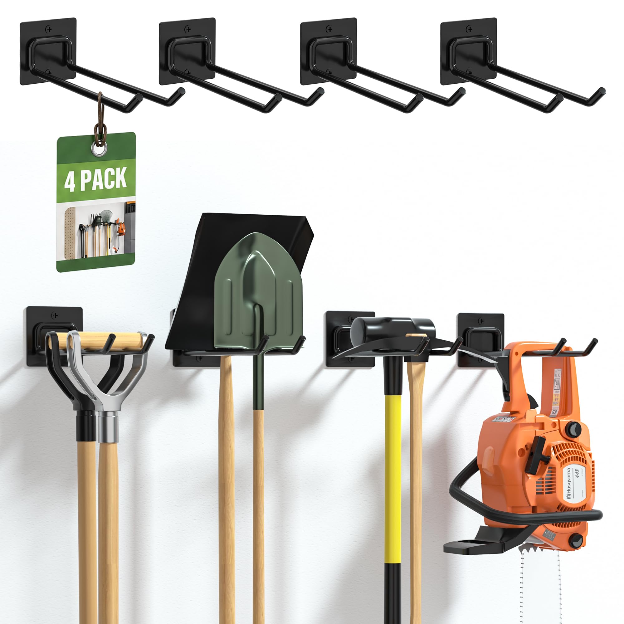 Urban Deco Garagenhaken Set (4er) - Schwerlast Wandhaken aus Metall für Gartengeräte, Werkzeug & Besen - Platzsparende Gartengerätehalter für Garage, Schuppen, Werkstatt & Garten - Schnelle Montage