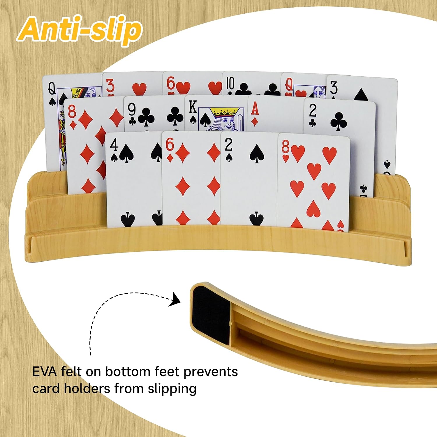 4 Pack Wood Grain 3 Slot Curved Playing Card Rack for Card Games