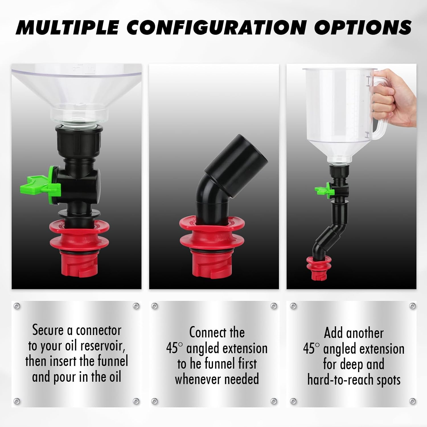 20‑Piece Engine Oil Funnel Kit, 1.59QT/1.5L Oil Funnel Set with 12 Adapters, Siphon Hose Pump, Towel, Elbow Fitting, Arrow Screen and Magnetic Storage Hooks Tray, Compatible with GM/Ford/BMW/Audi Etc.
