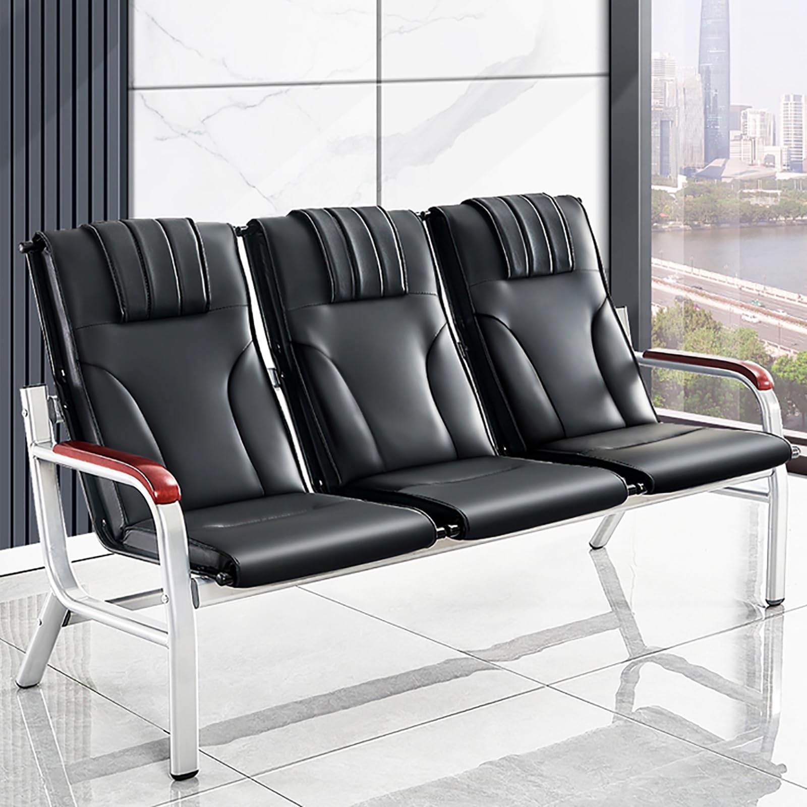 ASerZenith High Back Leather Reception Bench, 3-Seat Waiting Chair With Armrests For Airports, Businesses, Hospitals, And Markets,Noir