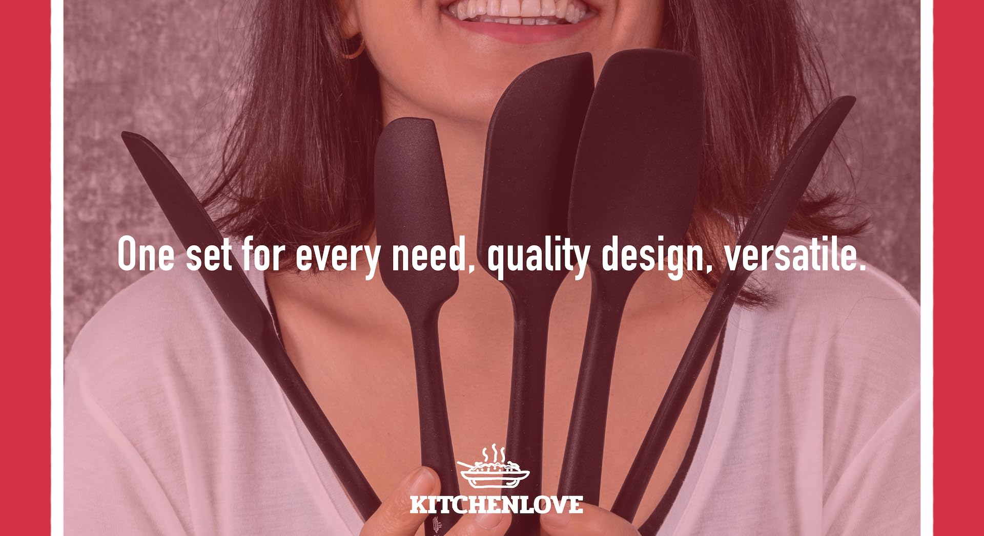 KITCHENLOVE Juego de 5 espátulas de silicona resistentes al calor de alta calidad para hornear, cocinar, mezclar, antiadherentes con núcleo de acero de hierro S de alta calidad, diseño sin costuras de