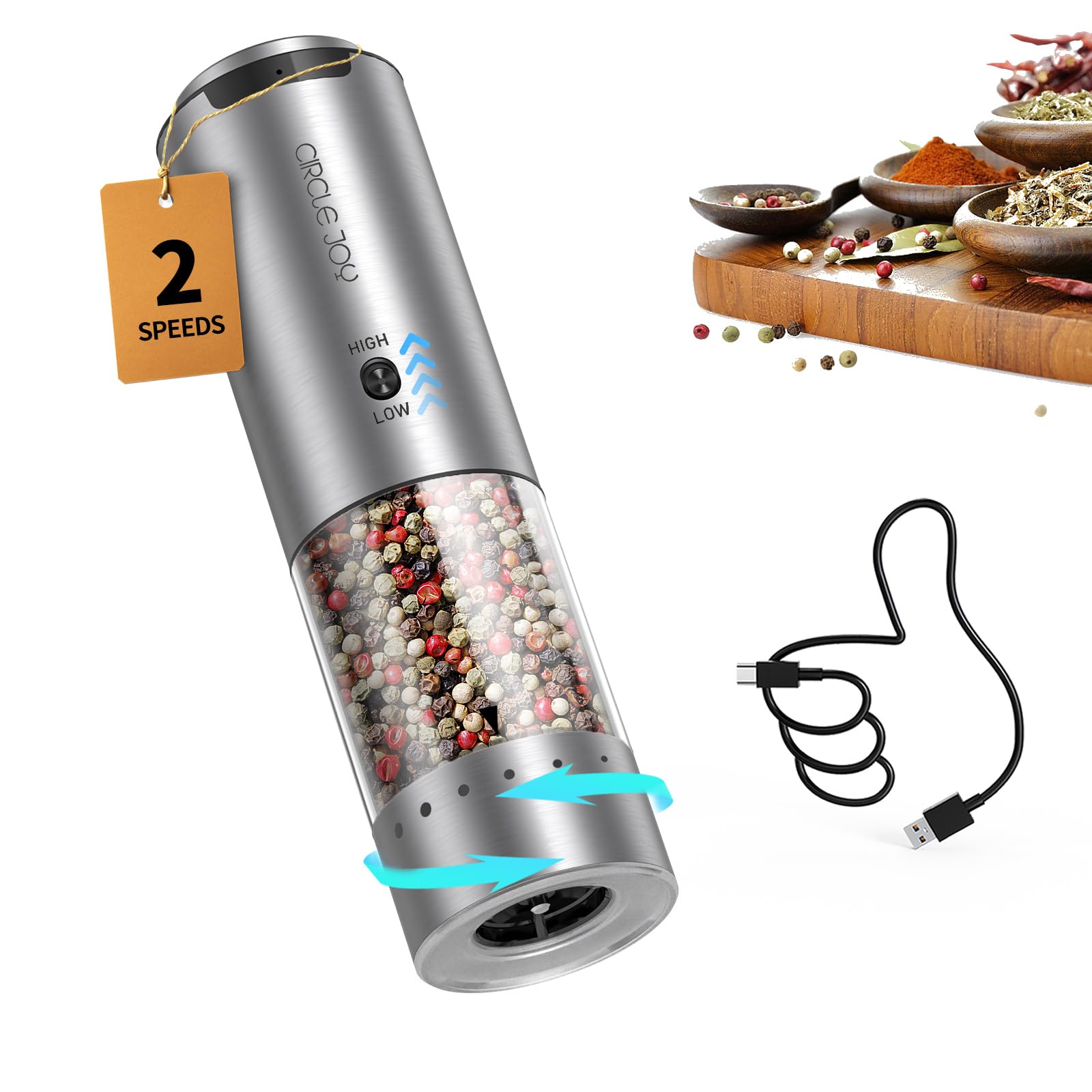 CIRCLE JOY Electric Pepper Grinder Stainless Steel Rechargeable Pepper Mill with Variable Grinding Speed, External Adjustable Coarseness, 95ml Container and White LED Light, Silver