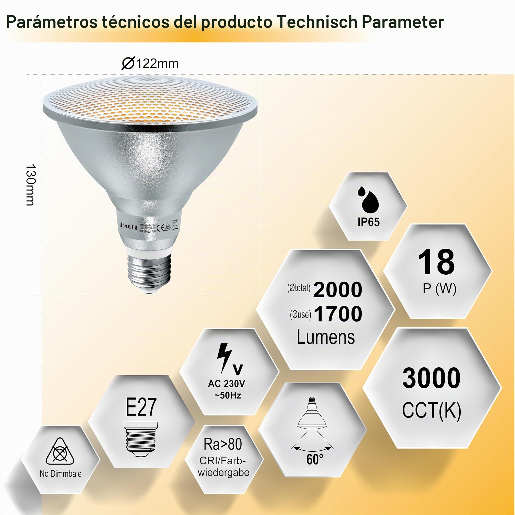 EACLL IP65 Bombillas LED PAR38 E27 Blanco Cálido 18W Equivalente 120W Halógena, Pack de 4, Focos Sin Parpadeo AC 230V, 3000K 1700 Lúmenes 60 ° Spotlight, Lámpara Reflectora No Regulable