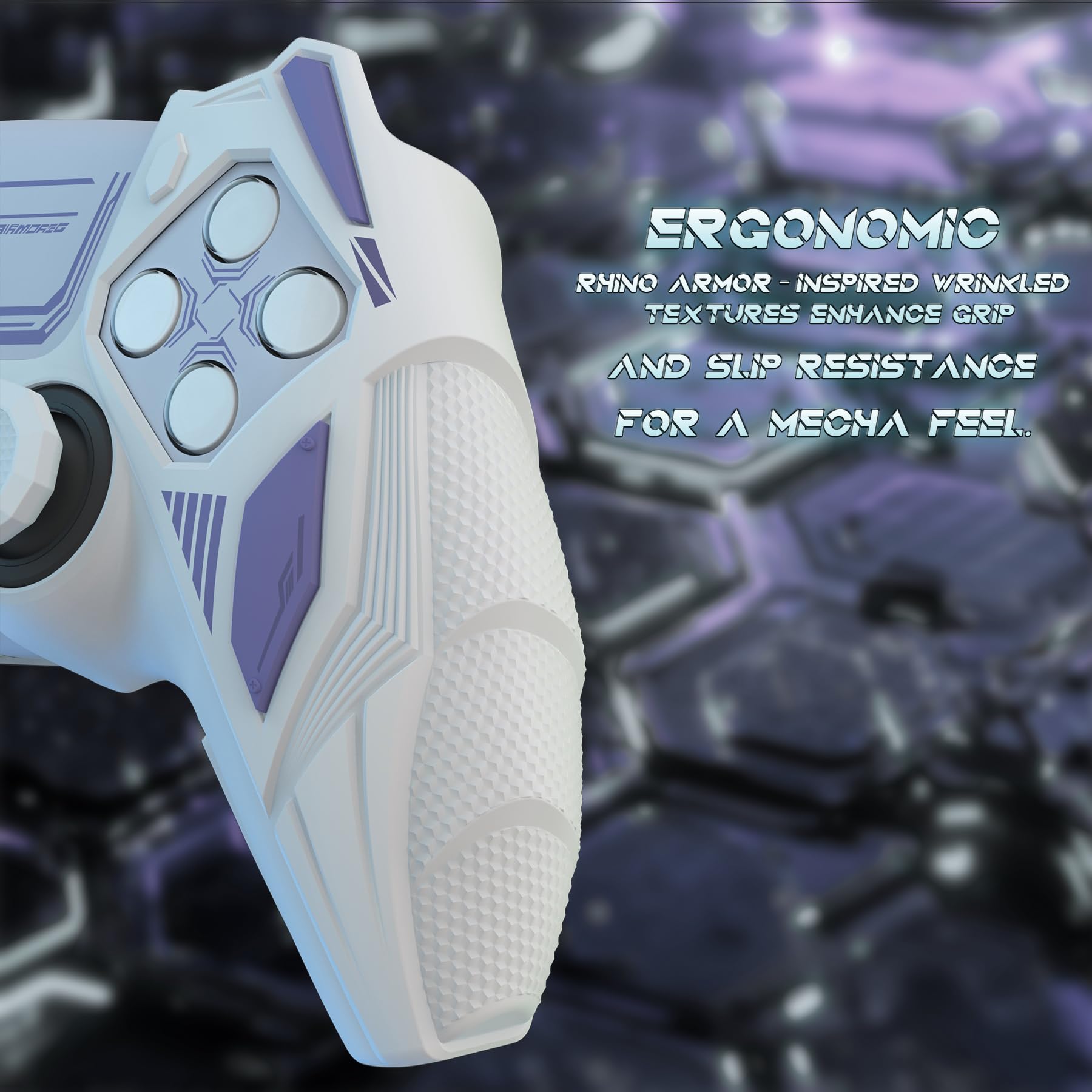 playvital Cover Controller per ps5 Joystick, Compatibile con ps5 Base di Ricarica, Custodia Silicone Antiscivolo Grip Ergonomico per Posizionamento Verticale, Mecha Rhino-Bianco&Lilla