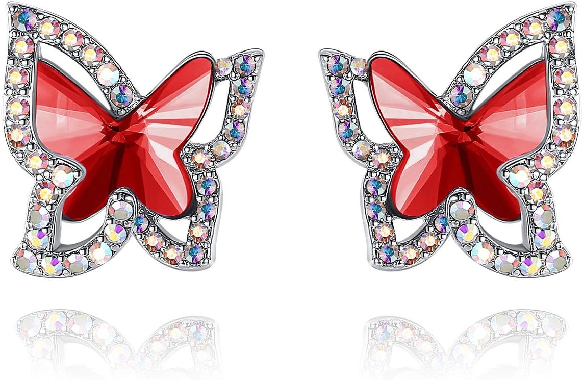Valentine's Day Gift For Women Butterfly Crystal Stud Earrings with Premium Birthstone, Silver-Tone