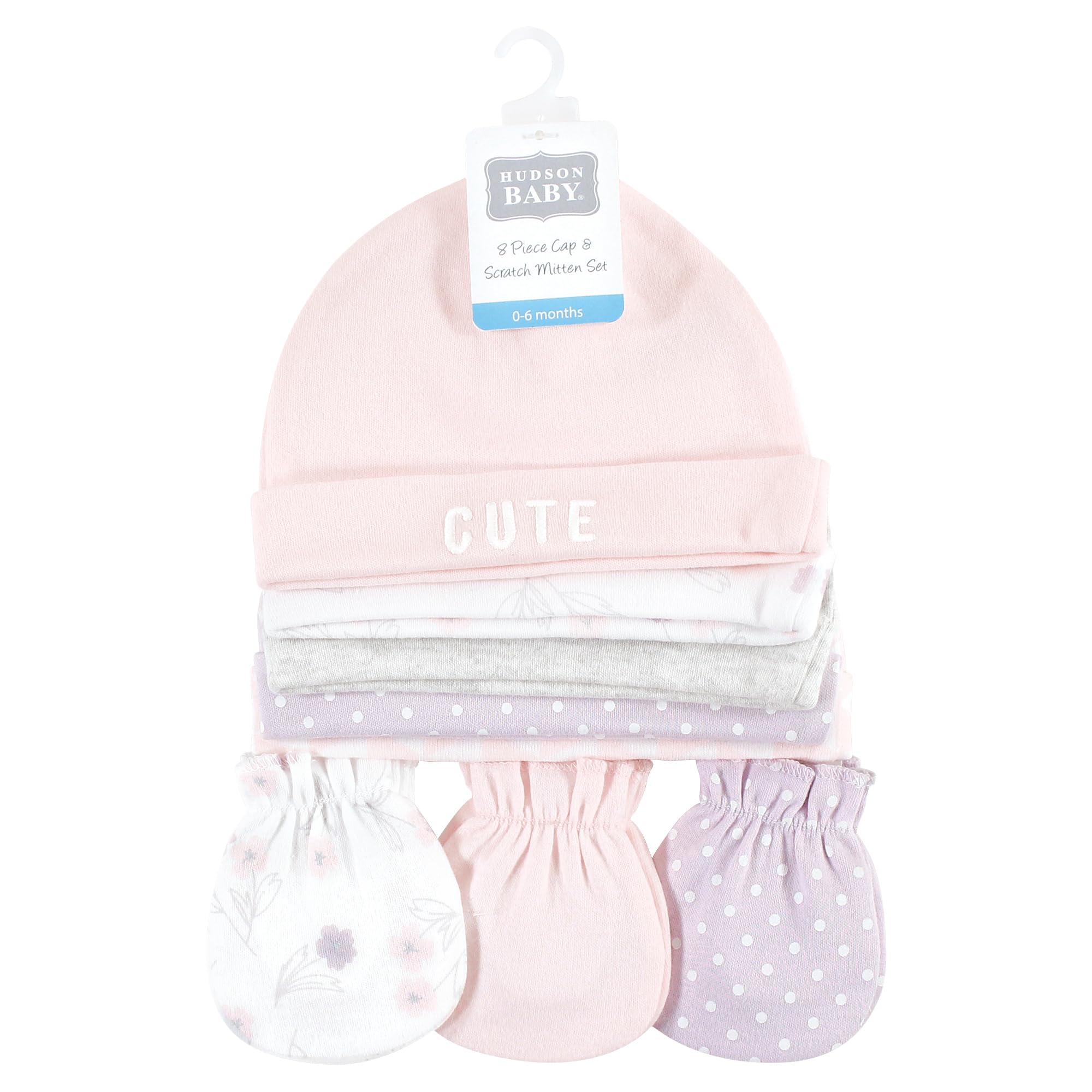 Hudson Baby Unisex Baby Cotton Cap and Scratch Mitten Set, Lavender Floral, 0-6 Months