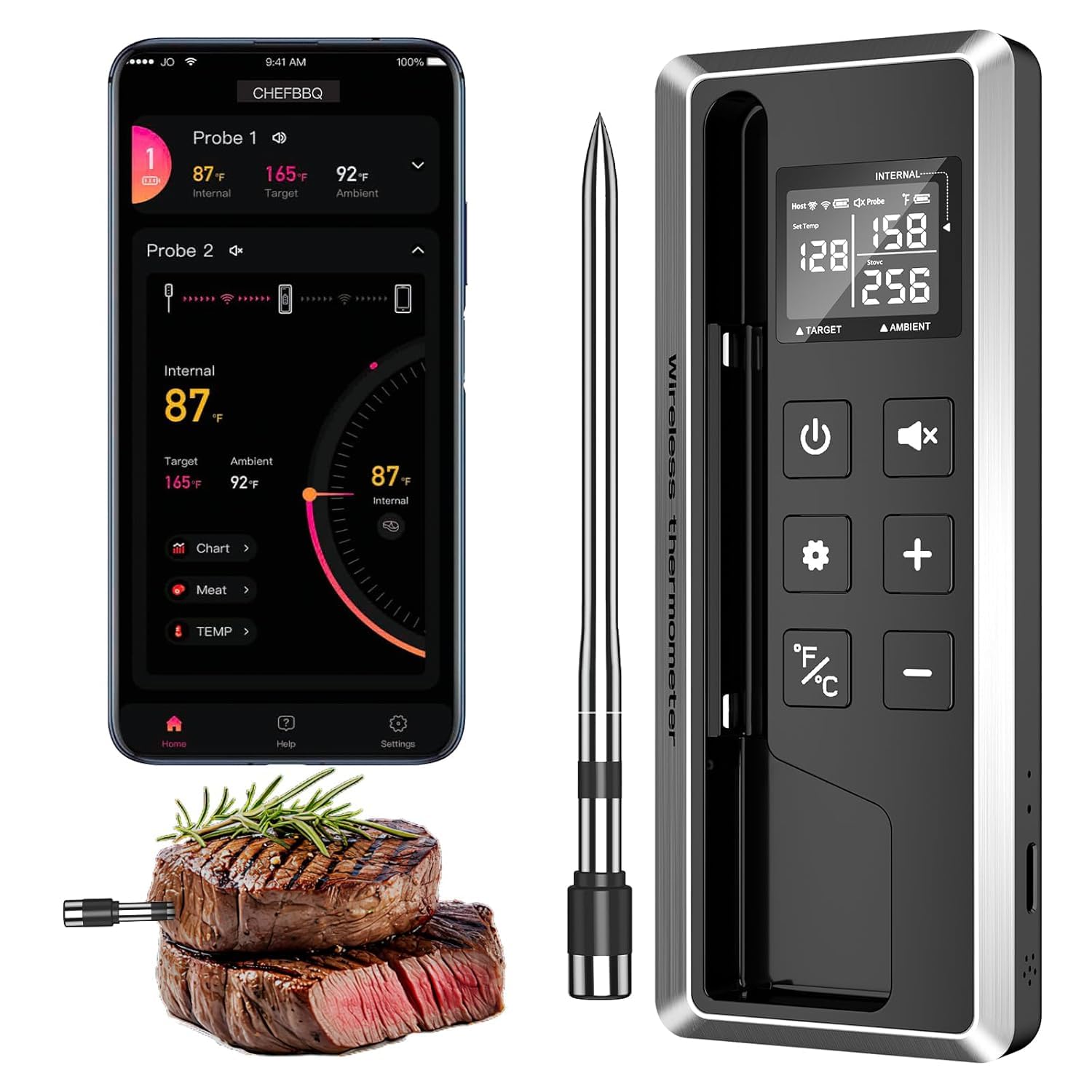 Thermomètre à viande sans fil avec contrôle intelligent par