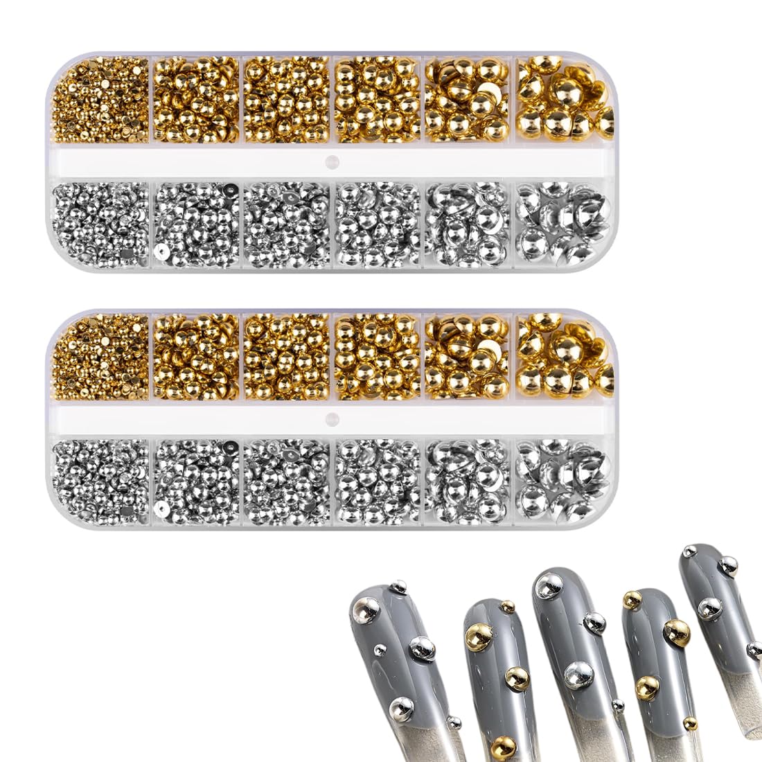 2 Boîte 3D Flatback Perle Ongle Argent Argent et Or, Demi-Rondes Métal Perle Bijoux pour Deco Ongle Nail Art, Bijoux de Nail Art, Accessoires de Décoration et Bricolage