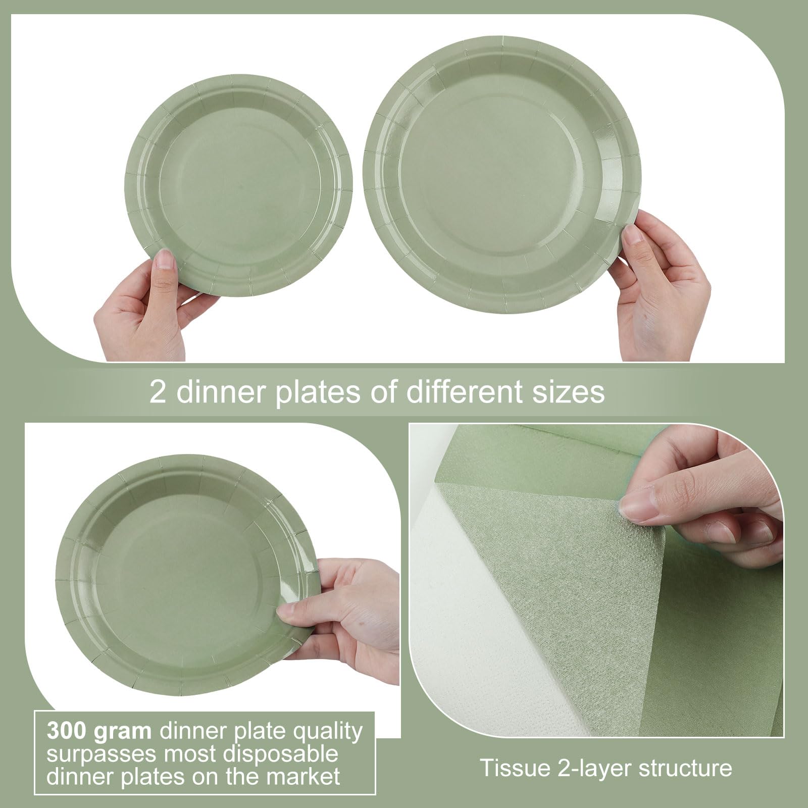 Dandat Lot de 200 assiettes jetables de 17,8 cm, 50 assiettes en carton de 22,9 cm, 50 gobelets en carton, 50 serviettes pour anniversaire, fête prénatale, fête de mariage (vert sauge)