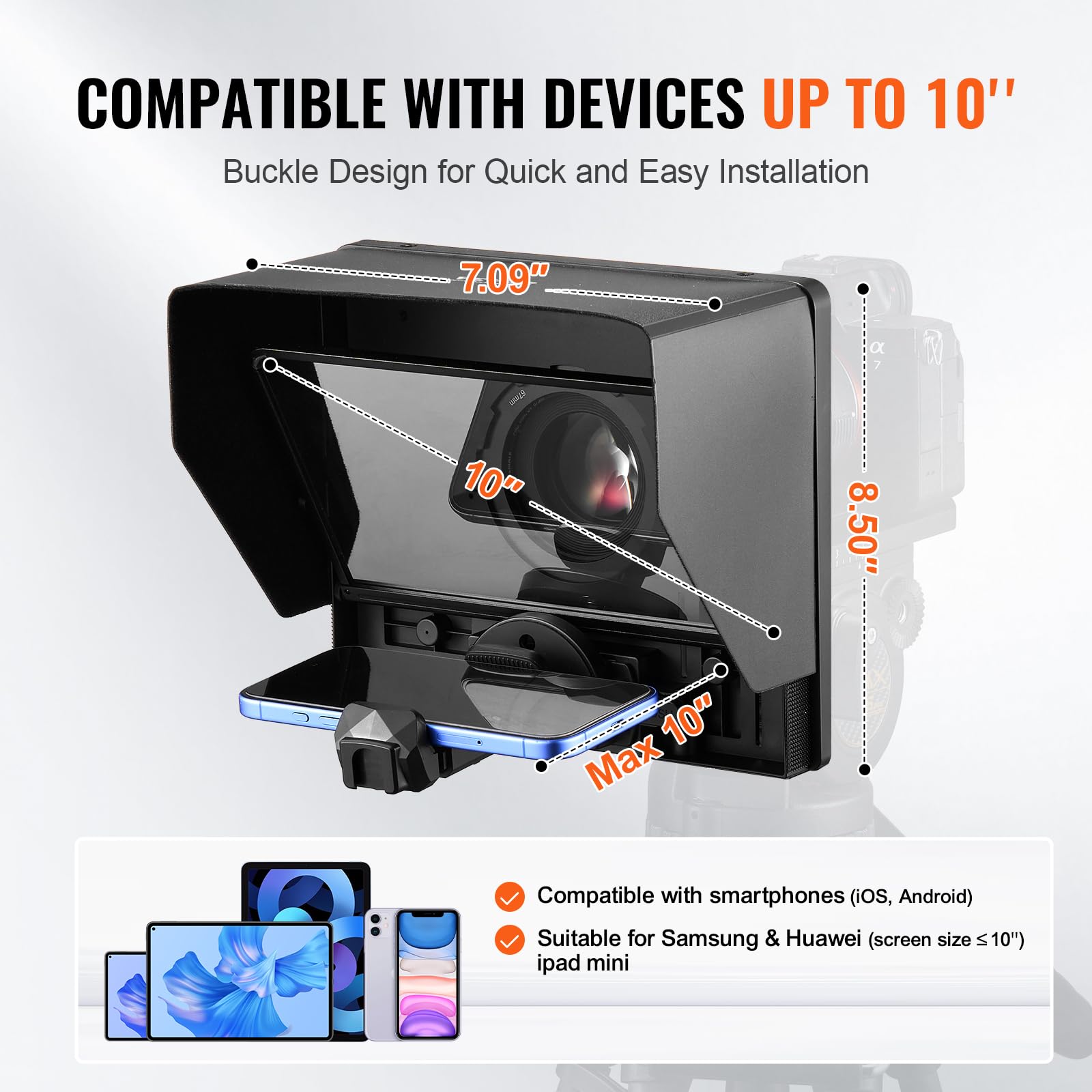 Teleprompter, 33,02 cm aluminium, vloermodel met instelbare hoekspectroscoop