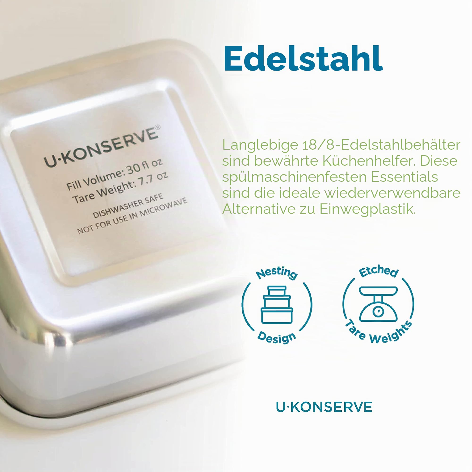 U Konserve Edelstahl verschachtelte Trio Frischhaltedose Bento-Box, 3er-Set (15, 30 & 1,4 l), auslaufsicher, Silikondeckel, spülmaschinenfest, plastikfrei