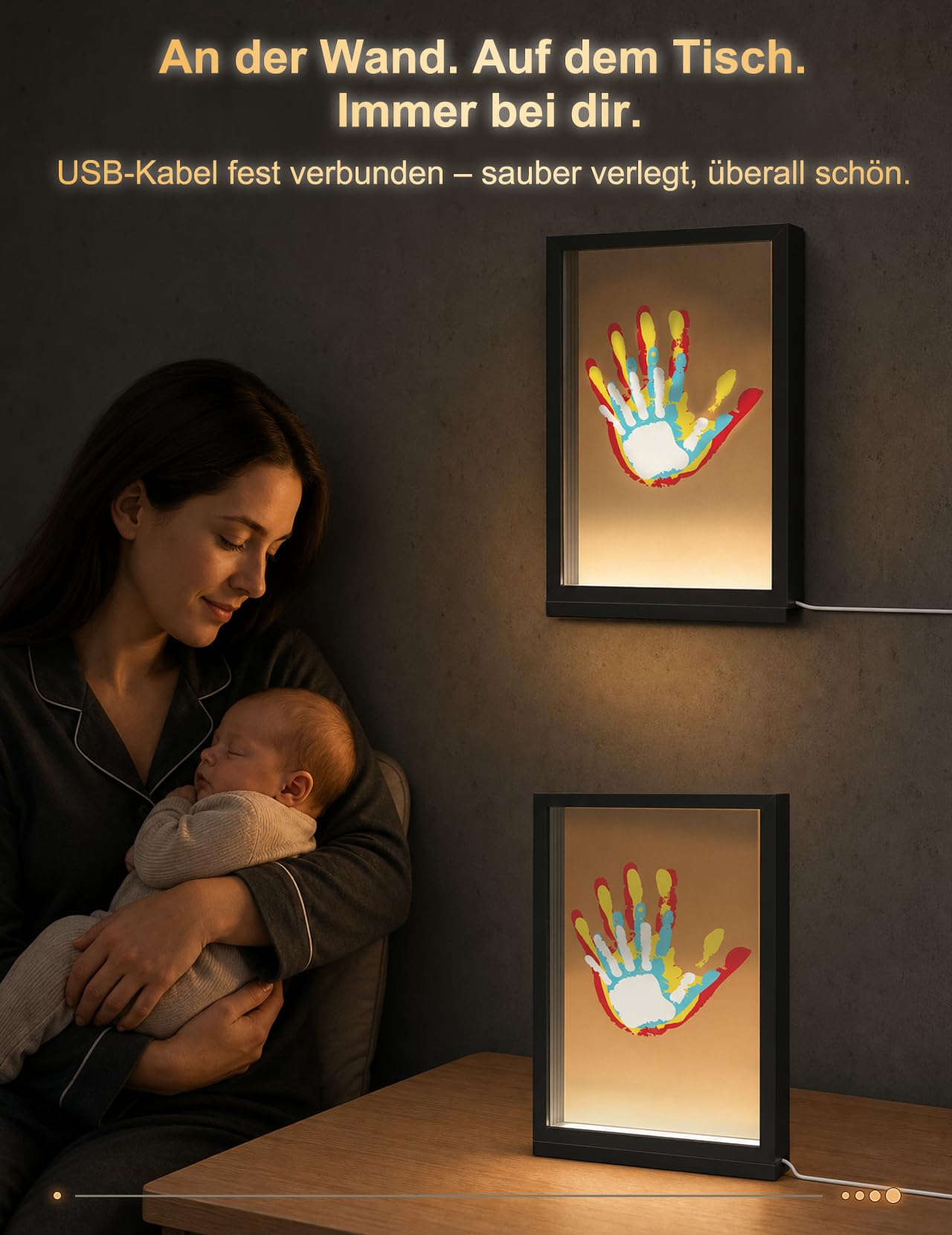 Fuerdich Beleuchteter Handabdruck Rahmen – 4 Schichten, LED Licht – Schwarz | DIY Set mit 6 Farben, Pinsel, Marker – Baby Fußabdruck, Handabdruck Familie – Geschenk Geburt, Taufe, Weihnachten – USB