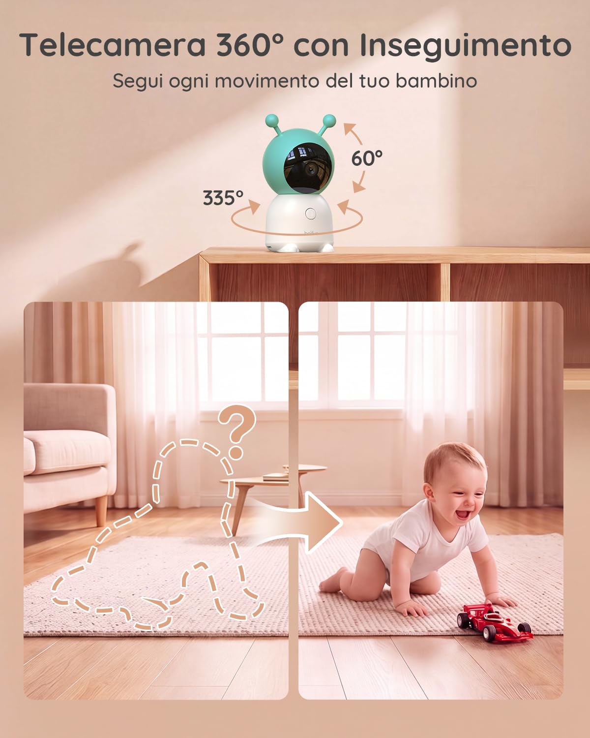 BOIFUN Baby monitor 5" con schermo diviso e 2 telecamere, baby monitor WiFi 2K tramite schermo e controllo tramite app, registrazione e riproduzione, sensore di temperatura e umidità