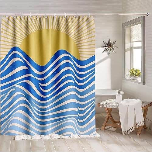 Cortina de ducha bohemia con paisaje marino abstracto, cortina de baño para baño, decoración de baño, juego de cortinas de ducha modernas con 12