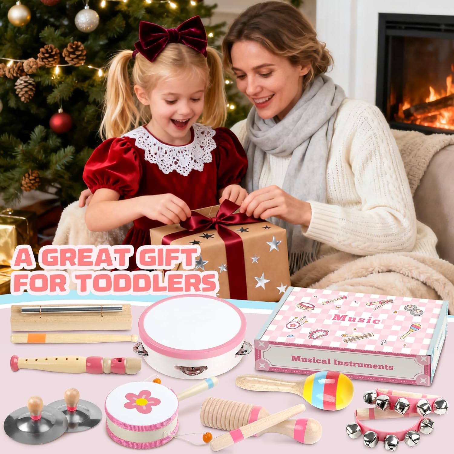 Baby Musical Instruments - Montessori Musical Toys for Toddlers 1-3, Wooden Percussion Instruments Set, Kids Preschool Educational Music Learning Toys, Birthday Gifts for Boys Girls (Pink)