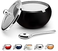 Kook Matte Black Stainless Steel Sugar Bowl with Lid & Spoon - 16oz Double Capacity, Dishwasher Safe for Sugar, Salt, Spices