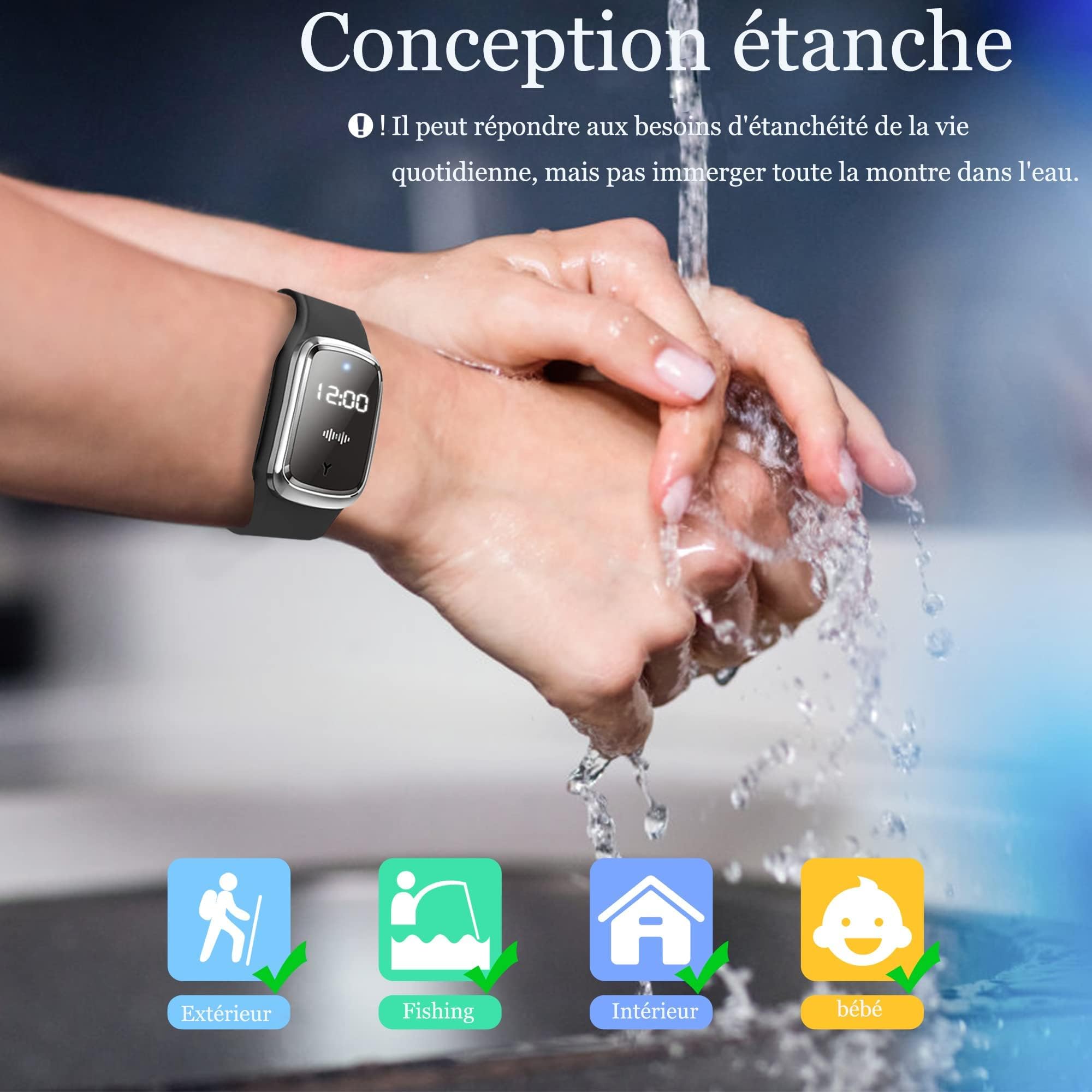 Bracelets anti-moustiques, Affichage de la Température Corporelle et Montre, Rechargeables par USB étanches à Ultrasons pour Adultes et Enfants intérieur et extérieur (Noir)