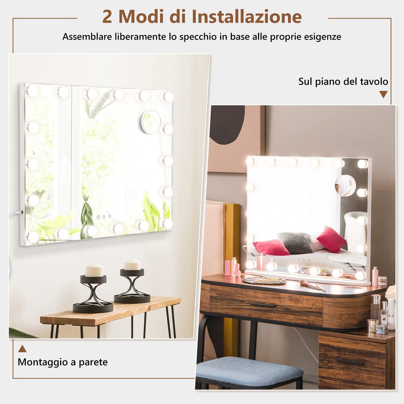 RELAX4LIFE Specchio Trucco con Luci 65 x 52,5 cm, Specchio Cosmetico da Parete/Tavolo con 18 Lampadine, 3 Colori di Luce, 4 Luminosità Regolabile, Touch Screen, per Camera da Letto (65 x 52,5 cm)