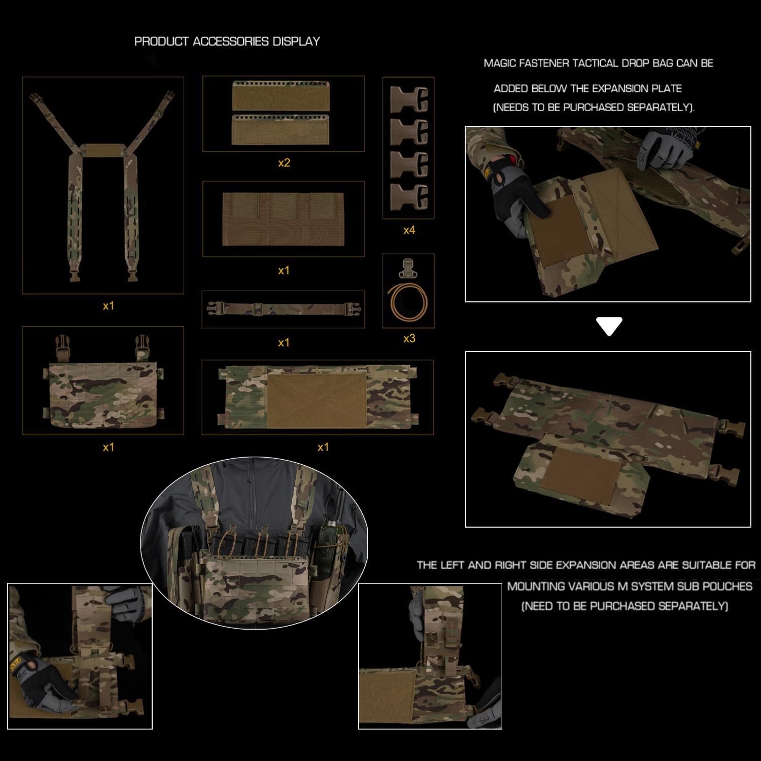 Modular Chest Pack - Detachable Triple Pouch with Expandable MOLLE Panels & H-Harness